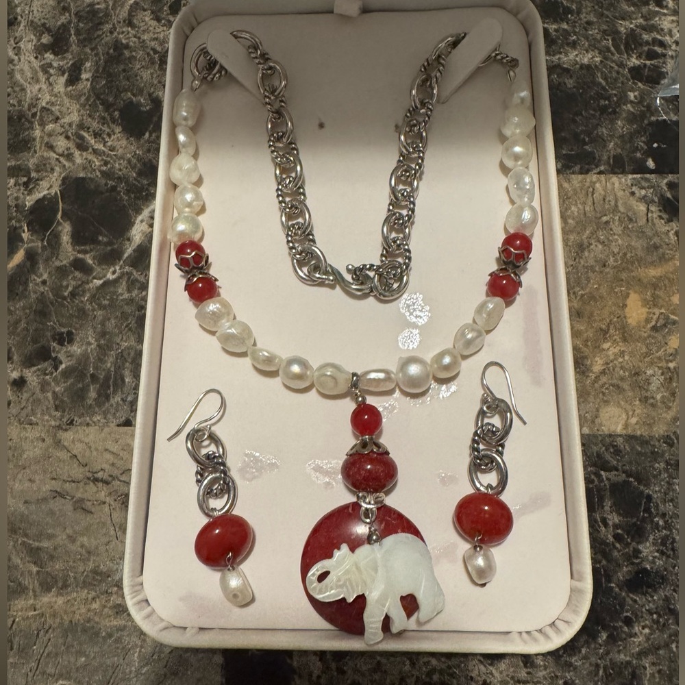 Elegant Silver and Red Elephant Jewelry Set